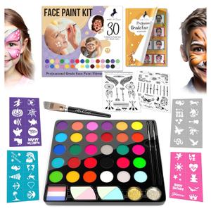 Face Paint Kit for Kids 30 Vibrant Washable Colors, Non-Toxic & Stain-Free, Paints 60+ Faces, Includes Glitter, Brushes & Stencils Perfect for Birthdays, Halloween & Parties