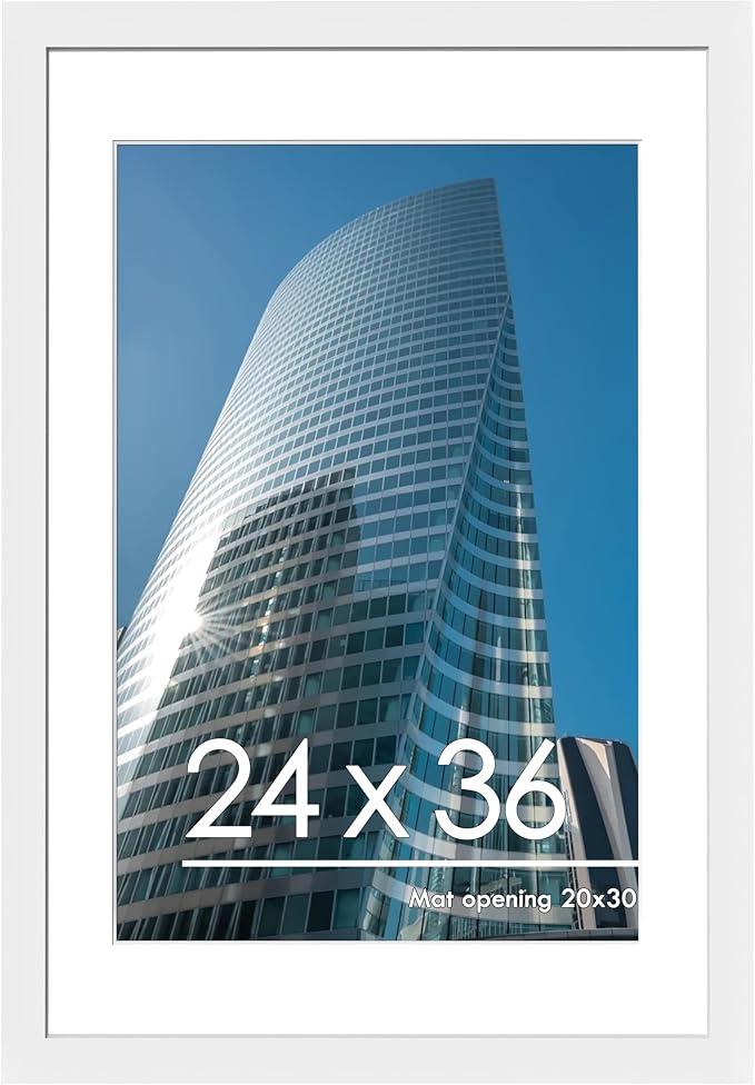 PEALSN 24x36 Poster Frame, Display Pictures 20 x 30 with Mat, White