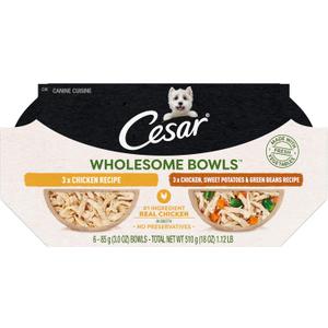 Cesar Wholesome Bowls Adult Wet Dog Food, Chicken Recipe and Chicken, Sweet Potatoes & Green Beans Recipe Variety Pack, 3 oz. (6 Count, Pack of 1), Best By: 11 08 25