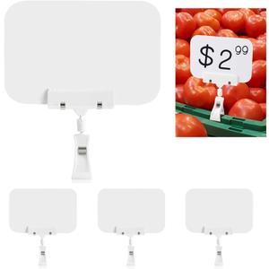 Sign Holder with Clamp, 8.2 x 5.8 Inch Clip-on Style Double Head Display Clips Large Chalkboard Signs, White Erasable Plastic Food Label for Party, Memo, Supermarket, Merchandise Sales