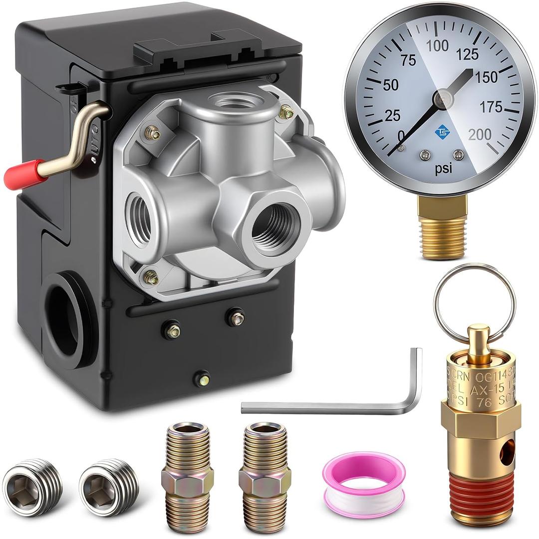 Dreyoo Air Compressor Pressure Switch 90-120 4-Port 20 Amp with 0-200 PSI Gauge, 200 PSI Safety Relief Valve, with Plug & Fitting Kit, 1/4" NPT Replacement Pressure Switch Parts for Air Compressor