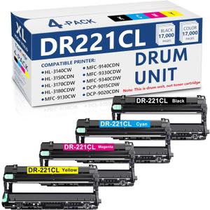 DR221 DR221CL Drum Unit Set 4 Pack Replacement for Brother DR-221CL DR-221CL-BK Drum Unit for HL-3140CW HL-3170CDW HL-3180CDW MFC-9330CDW MFC-9130CW Printer (Only Drum, Not Include Toner) (DR221CL Black, Cyan,Magenta, Yellow)