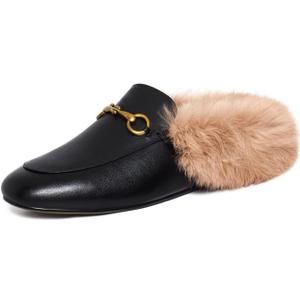 Vertundy Fur Mules with Metal Buckle Slip On Flats for Women Backless Sandals Dress Shoes Work Slides, Size 10