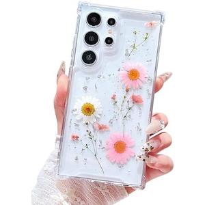 Lewrtser Compatible with Samsung Galaxy S23 Ultra Case Cute Pressed Dried Real Flowers Design Women Girly Shockproof Glitter Floral Clear Phone Cover S23 Ultra (Pink Flower)
