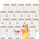 WHEATHUSK 20 Pack Glass Cups with Bamboo Lids and Glass Straws 16oz Clear Glass Tumblers Beer Can Shaped Drinking Glasses Iced Coffee Cups, Cute Tea Cups for Whiskey, Soda, Cocktail, Gift