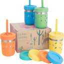 Elk and Friends 10oz Stainless Steel Kids + Toddler Drinking Cups | The Original Mason Jar with Sleeves + Lids | Silicone Straws | Smoothies | Storage Jar | Spill Resistant | Dishwasher Safe | 4 Pack (Green/Orange/Blue/Yellow)