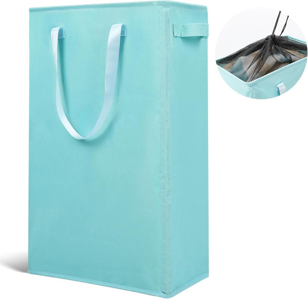Odonata Slim Laundry Hamper Handles Collapsible Laundry Basket Thin Dirty Clothes Basket Narrow Laundry Bag Foldable Dirty Hamper 45L (Baby Blue)