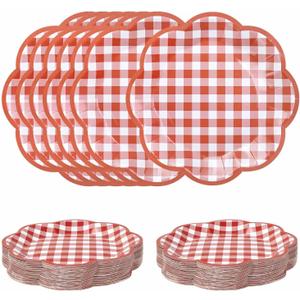 SietDESEO 50 PCS Red Gingham Paper Plates 7 Inch Red and White Scalloped Dessert Plates Plaid Disposable Dinner Plate for Party Wedding Baby Shower Birthday Checkered Plate