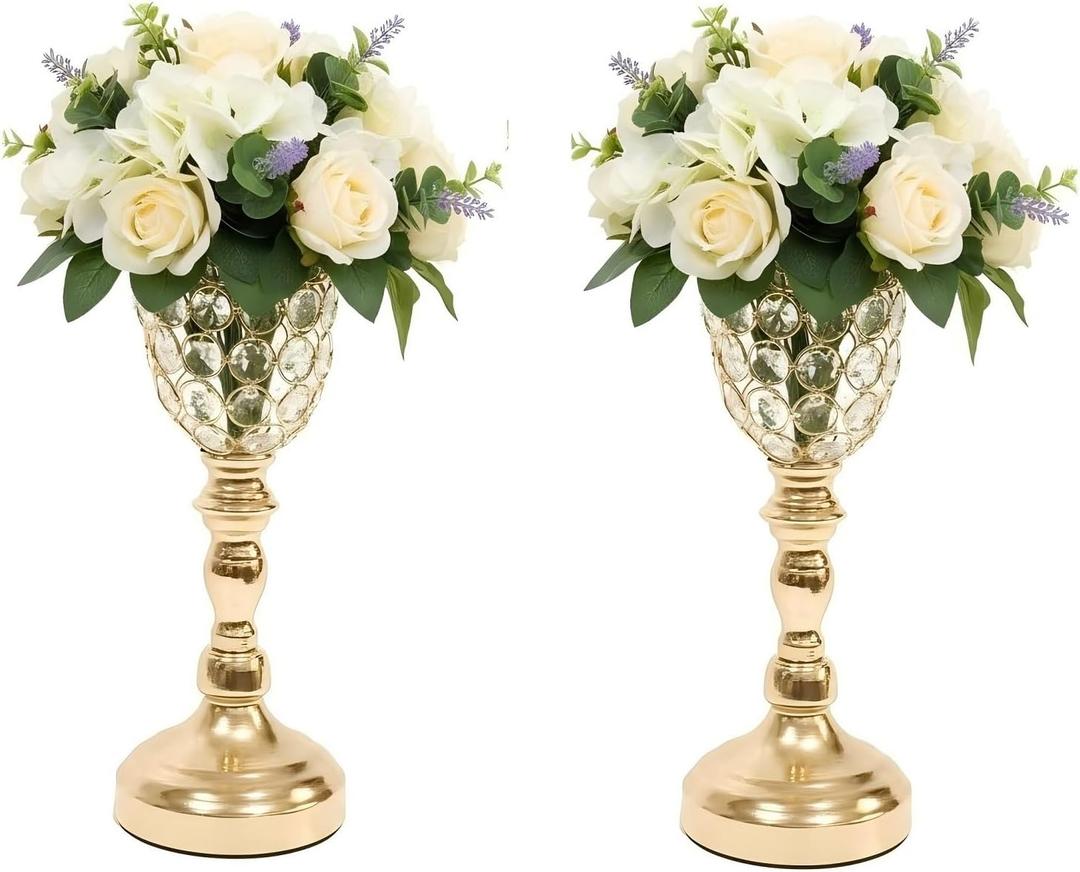 13.2in Gold Vases for Centerpieces, 2Pcs Crystal Vases for Flowers, Metal Floral Stands for Wedding, Flower Stands for Table Wedding Reception Party Event Home Decor