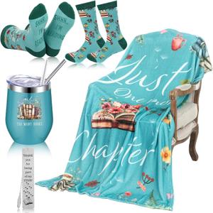 Sieral 4 Pcs Book Lovers Gifts for Women Book Gift Include 60" x 50'' Reading Blanket 12oz Insulated Tumbler Sock Bookmark for Valentine's Day Teacher Mother Bookish Library Club Librarian(Green)