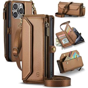 Wallet Case Compatible with iPhone 15 Pro RFID Blocking 7-Card Holder Soft PU Leather Magnetic Snap Shoulder Strap Zipper Pocket Phone Case Fit for iPhone 15 Pro Women 6.1" - Brown