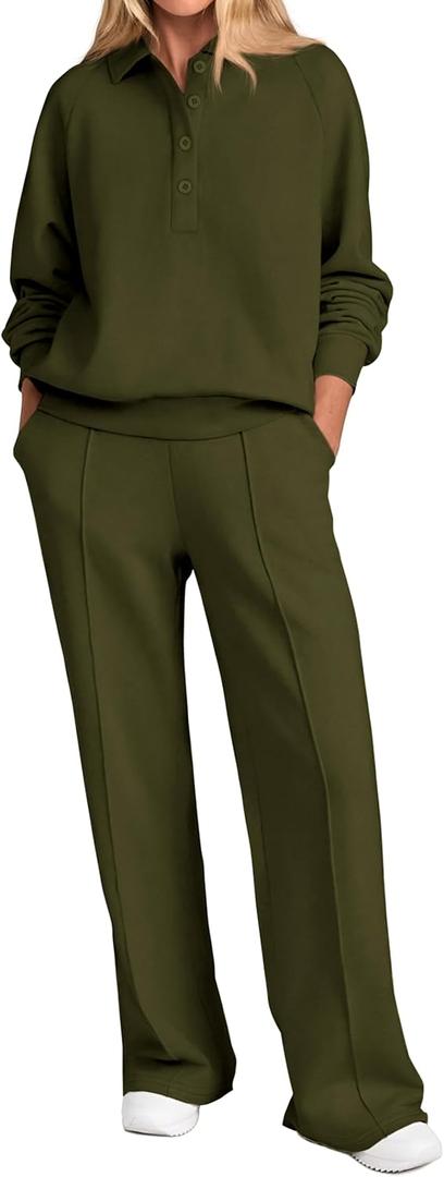 PRETTYGARDEN Women Fall 2 Piece Outfits Sweatsuits Quarter Button Long Sleeve Sweatshirt Wide Leg Pants Tracksuit Lounge Sets (X-Large, Army Green)