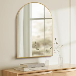 Arched Gold Bathroom Mirror,24 x 36 Inch Arch Wall Mirror with Wood Frame,Vanity Modern Tempered Glass Mirror for Bedroom,Entryway,Living Room