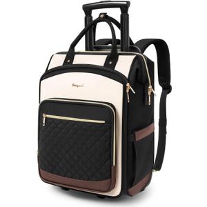 Rolling Backpack for Women, Travel Backpack with Wheels, Dual-Opening Wheeled Laptop Backpack, Stylish Rolling Laptop Bag, Overnight Underseat Carry on Luggage for College Business Work, Beige Brown