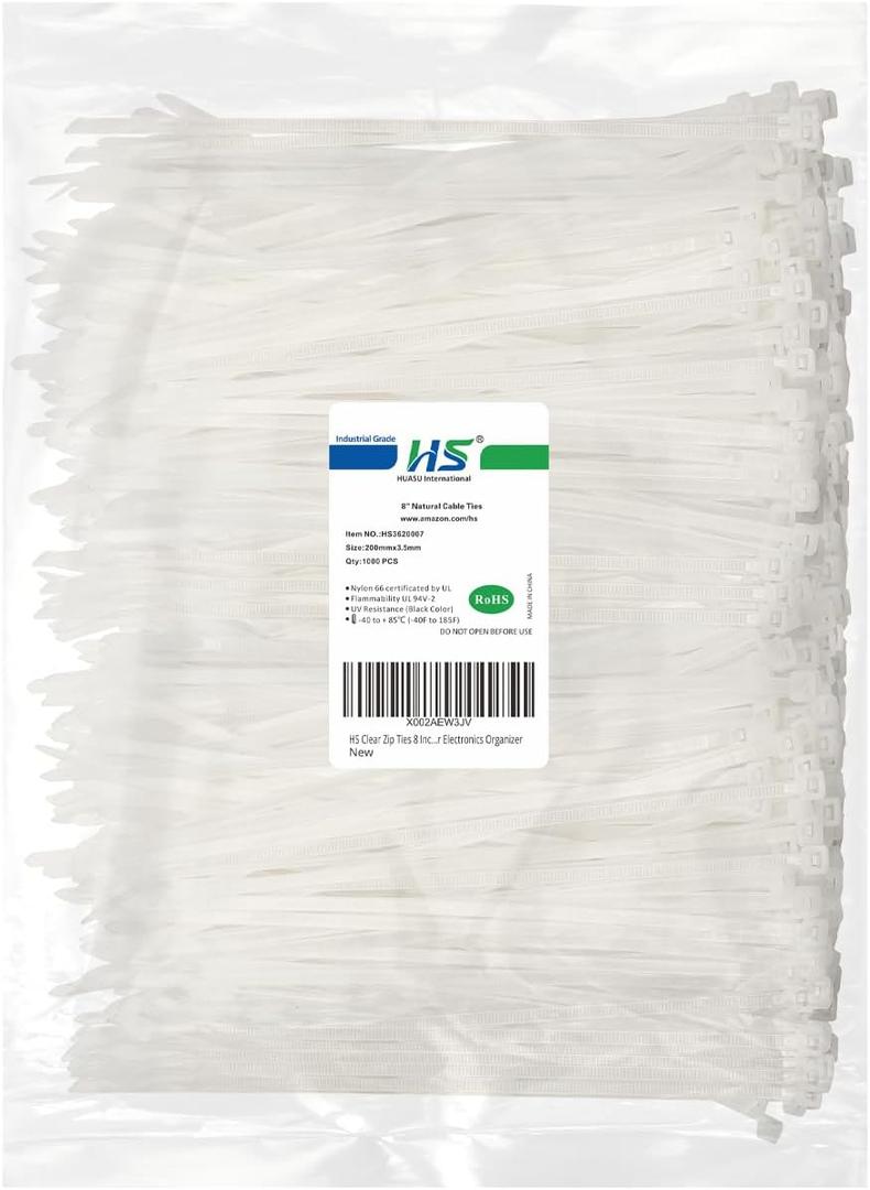 HS Clear Zip Ties 8 Inch (Bulk-1000 Pack) Nylon Cable Ties 40 Lbs Self-Locking Wire Ties for Electronics Organizer