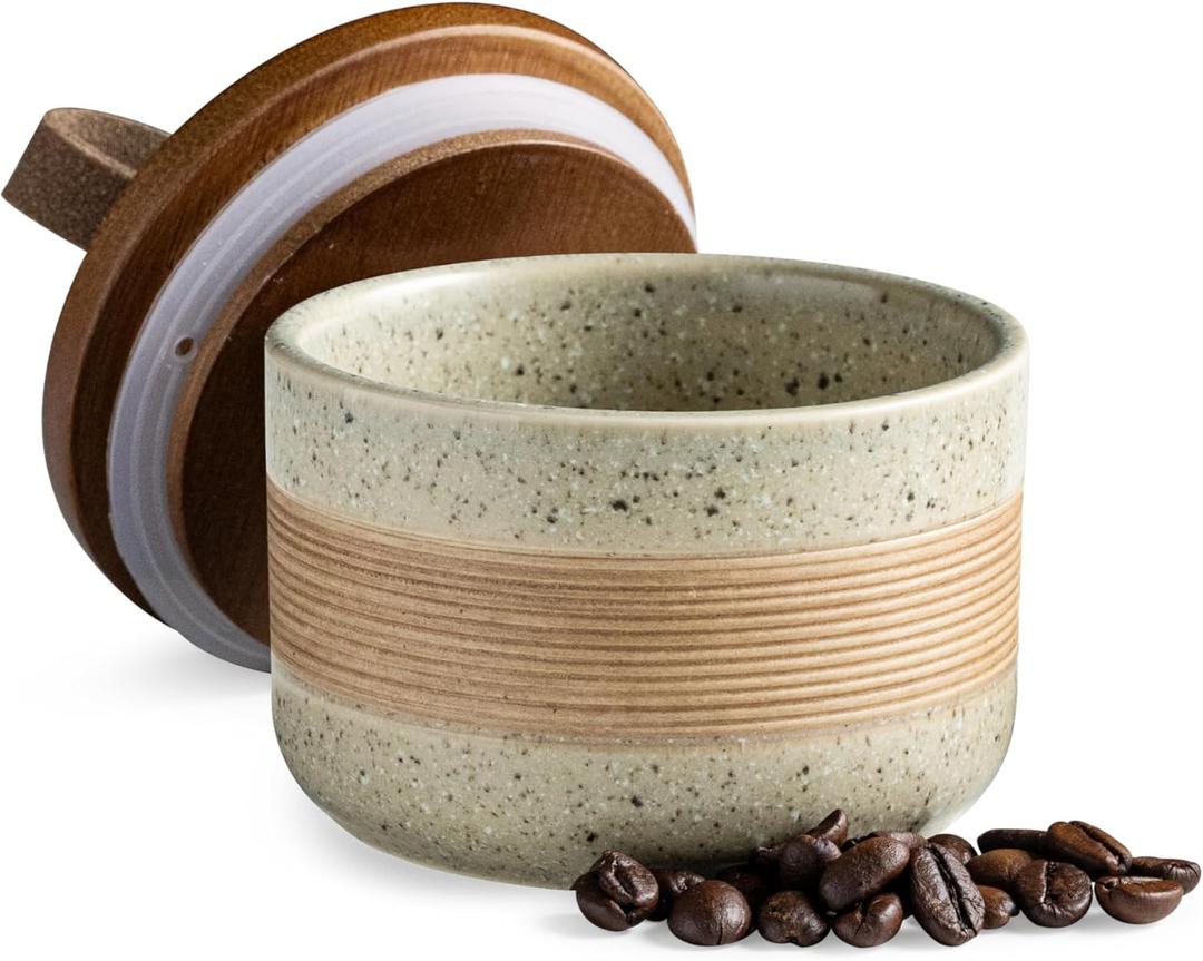 Small Ceramic Jar with Lid, Coffee Canister Coffee Container Kitchen Food Storage Jars for Spice Sugar Tea Bag, Stackable Decorative Jars for Countertop, 5 fl.oz (Beige)