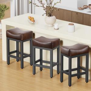 Counter Height Bar Stools Set of 3, 24 Inch Barstools for Kitchen Island Counter, Bonded Leather Kitchen Stools with Thick Saddle Seats & Heavy Duty Metal Base, Easy Assembly, Brown/Black (3Pack, 24 Inch - Brown/Black 03)