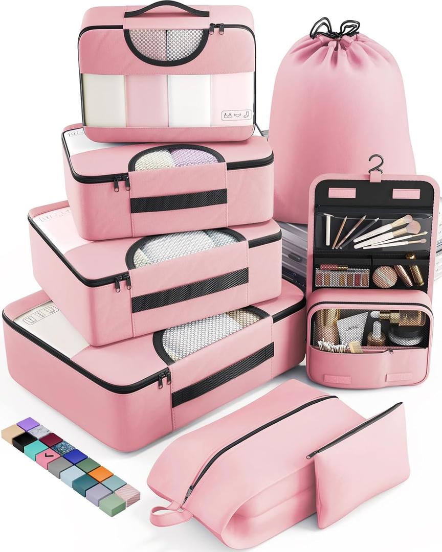 8 Set Packing Cubes for Travel Essentials, Pink Suitcase Organizer Bags in 4 Sizes, Carry-On Luggage Accessories with Large Laundry & Hanging Toiletry Bag, Must-Have for Airplane, Road Trip