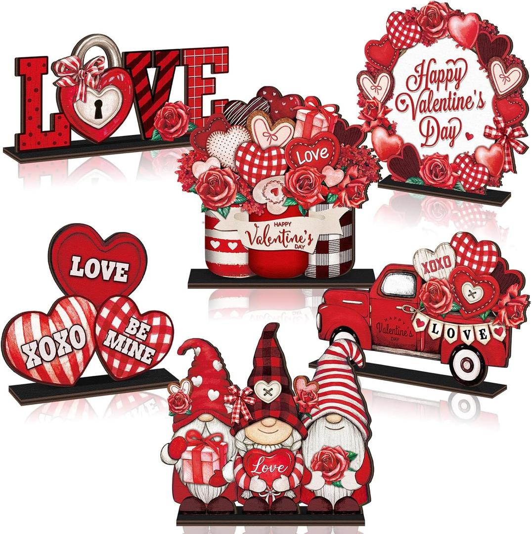 Wenqik 6 Pcs Vintage Rustic Valentines Day Wooden Table Decorations Classic Red Valentines Day Wood Tabletop Sign Centerpiece Romantic Decor for Farmhouse Home Kitchen Tiered Tray