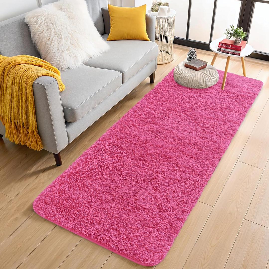 OLANLY 2x5 Machine Washable Runner Rugs for Hallway, Soft Fluffy Shaggy Bedside Rugs for Bedroom, Living Room, Indoor Floor Carpet for Kids Girls Boys, Nursery Rooms, Home Decor Aesthetic, Hot Pink