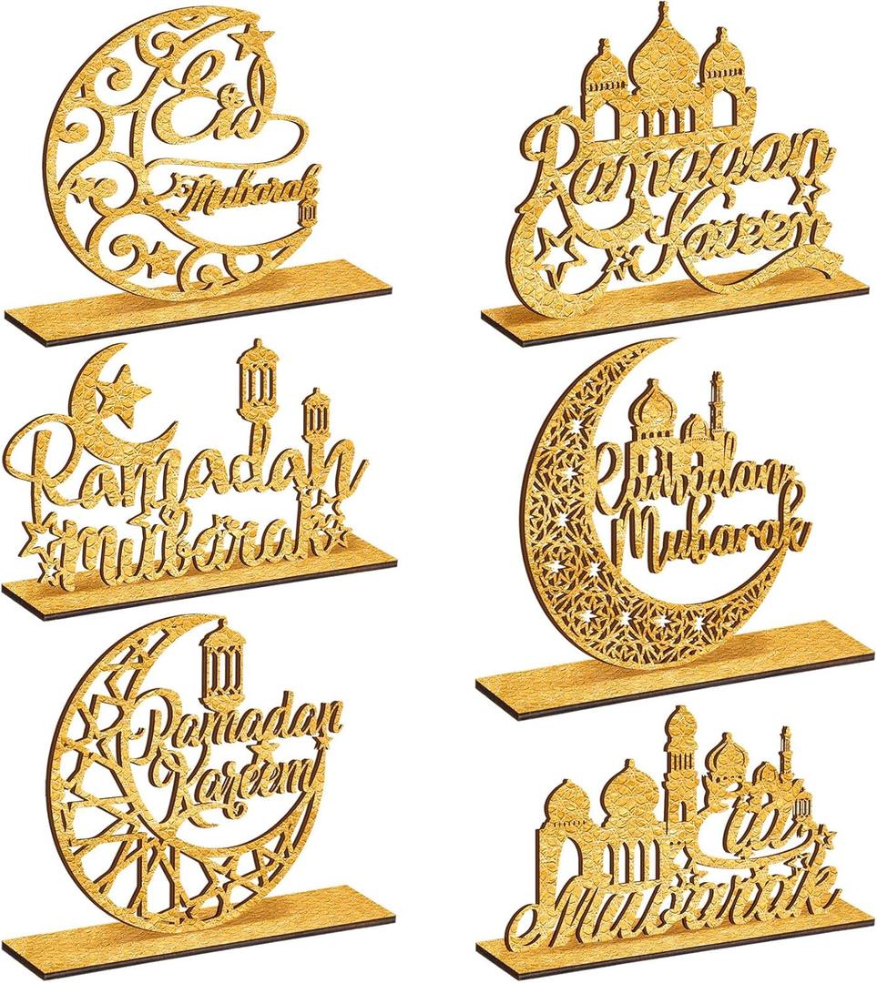 Hoolerry 6 Pcs Eid Mubarak Party Decoration Hollow Ramadan Table Centerpieces Moon Star Wooden Letters Wooden Plaque Ornament for Eid Mubarak Ramadan Home Room Decor Craft (Yellow)