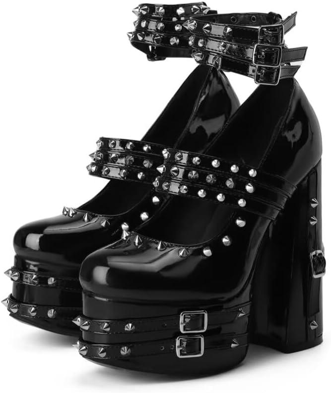 Frankie Hsu Goth Chunky Platform High Heeled Pumps Ankle Bootie, Black Patent Strappy Rivets Punk Gothic Y2K Hot Girl Boot, For Women Men (Black, 9)