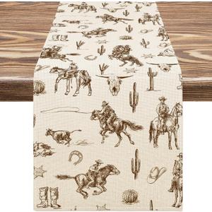Western Cowboy Table Runner 13 x 90 Inch Brown Wild West Rodeo Kitchen Dining Table Decor Rustic Table Cover for Farmhouse Baby Shower Birthday Indoor Outdoor