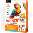 A3+ DTF Transfer Film, 13" x 19" Double Sided Matte PreTreat Heat Transfer PET Sheets for DTF Inkjet Printer, DTF Paper Direct Print on T-Shirts Textile, Hot & Cold Peel, 50 Sheets