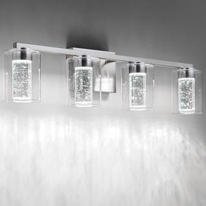 SineRise 4-Light Brushed Nickel Vanity Light with 3 Color Modes (3000K/ 4000K/ 6500K), Eye Protection LED Bathroom Light Fixture, Dimmable Modern Wall Light Over Mirror with Clear Glass Shade