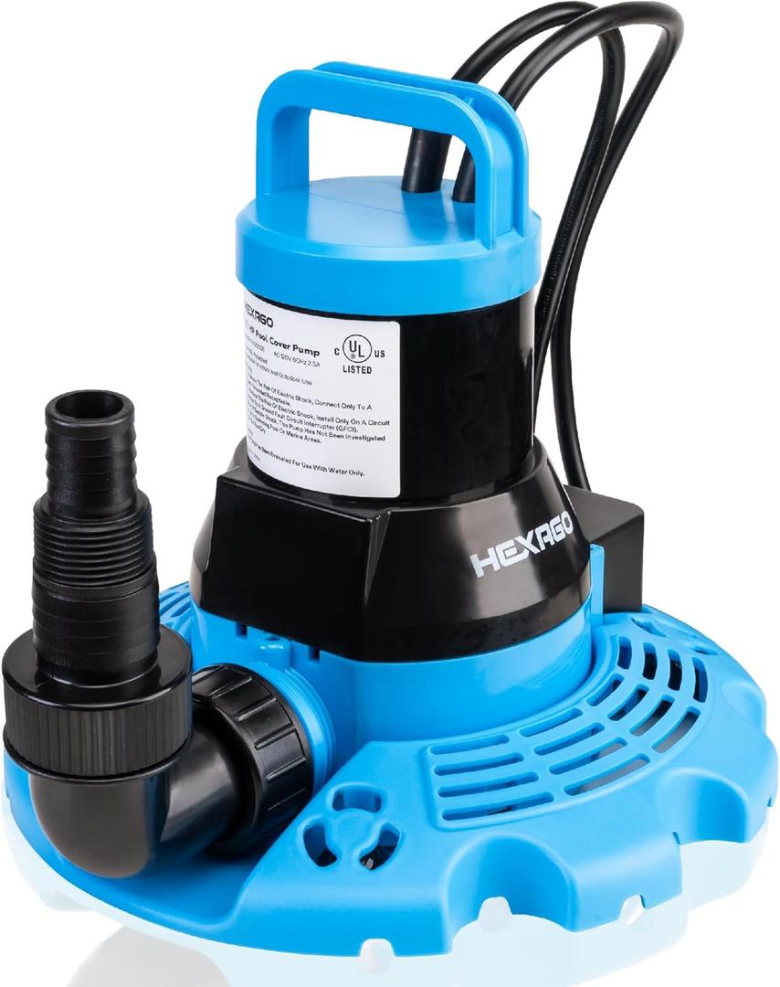 Automatic Swimming Pool Cover Pump, 1/2HP Submersible Water Pump with Check Valve Adapter & 33FT Power Cord, 3200GPH Water Removal Cover Pump for Pool, Hot Tubs, Rooftops and Water Beds