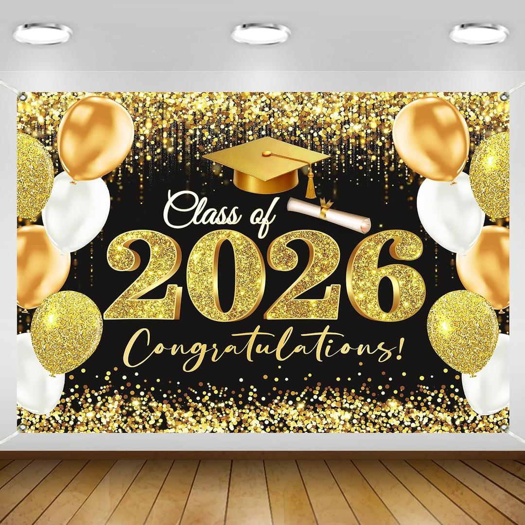 Gold Black Graduation Backdrop Decorations 2026 7x5ft Class of 2026 Congratulations Banner Congrats Grad Graduate Backdrop Banner for 2026 Graduation Party Decorations Background (84x60inch)