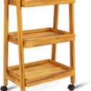 3-Tiers Ladder Shelf with Wheels, Wooden Rolling Cart,Solid Pine Wood Ladder Shelf, Side End Table for Artist,Storage Cart Organizer for Kitchen,Classroom, Living Room, Bathroom (Retro Yellow)