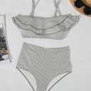 Saodimallsu Bikini Sets for Women High Waisted Bandeau Ruffle Swimsuit Top Two Piece Striped Bathing Swimming Costume,  S