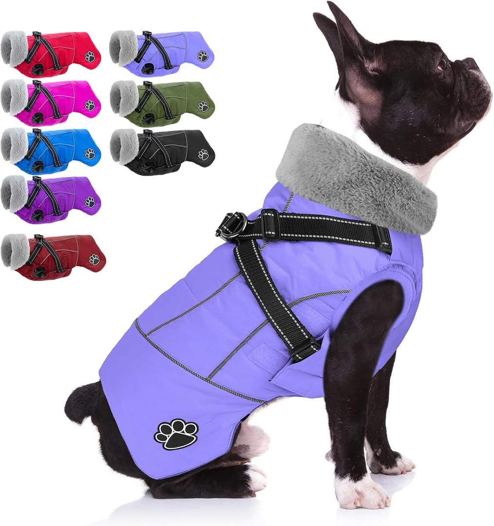 Doglay Dog Coat with Harness, Reflective Warm Dog Jacket Waterproof Puppy Winter Coat for Cold Weather, Adjustable Fleece Jacket for Small Medium Large Dogs (Light Purple)