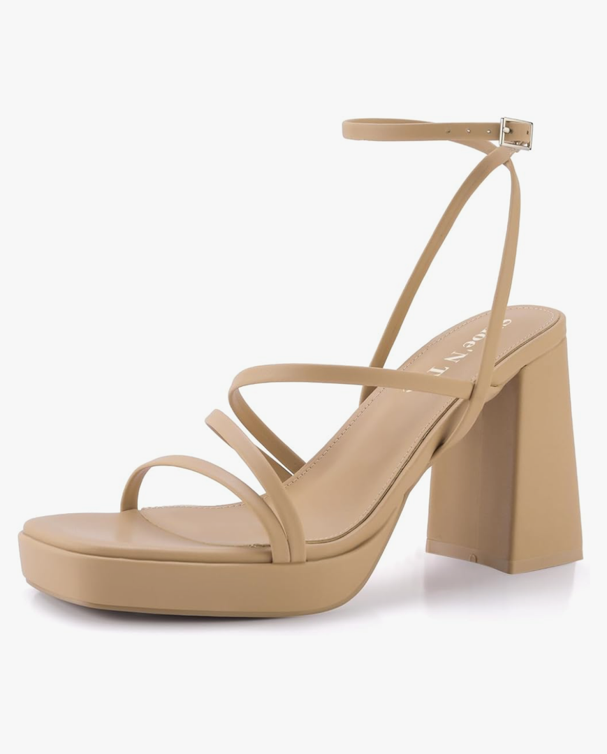 Shoe'N Tale Platform Heels for Women Strappy Block Chunky Heels Square Toe Ankle Buckle Sandals, 8