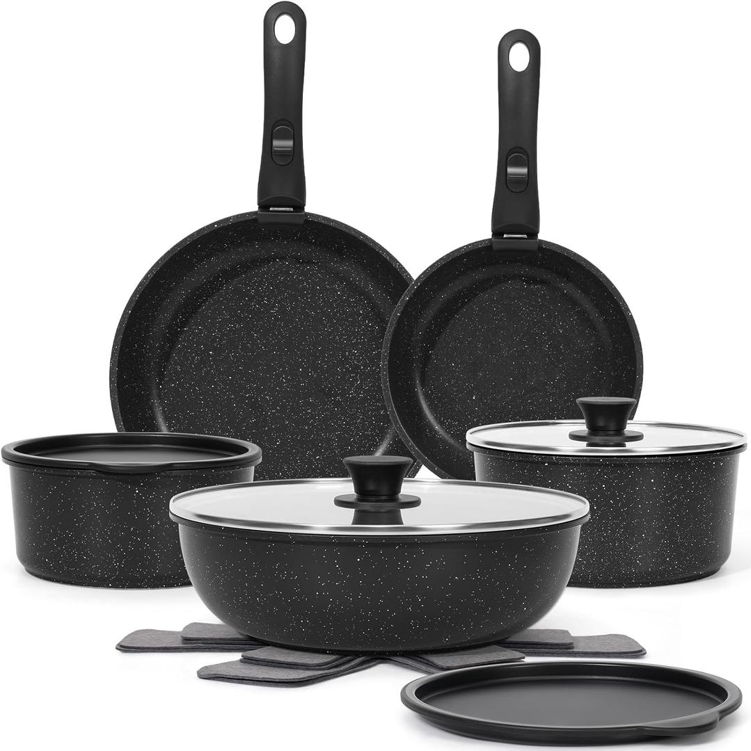 SODAY 15Pcs Pots and Pans Set Non Stick, Cookware Sets with Detachable Handle, Nonstick RV Kitchen Cooking Tools Removable Handles, Oven Safe, Induction Fast, Stackable Induction Cookware, Black