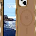 Hualele Magnetic for iPhone 13 & iPhone 14 Case, Compatible with MagSafe, Military Grade Dropproof Translucent Matte Back Cute Curly Wave Edge Slim Phone Case,Brown
