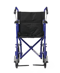 Aluminum Transport Chair with 12" Wheels, 19" Seat Width, 300 lbs. Weight Capacity, Swing-away Footrests, Full-lenth and Permanent Arms, Blue Frame with Black Upholstery