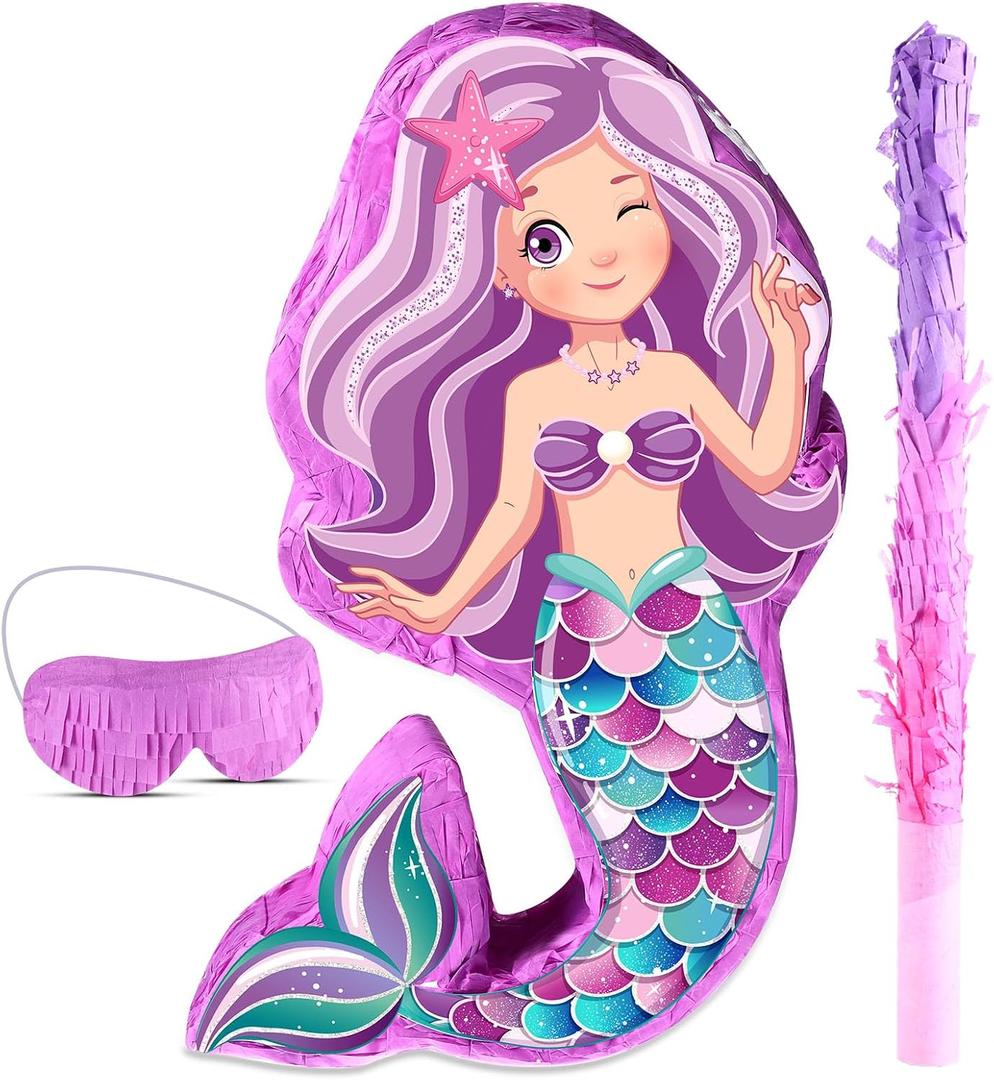 Mermaid Piata Bundle 18.9 Inch Birthday Party Supplies with Blindfold, Bat and Filler for Under the Sea Theme Birthday Party Carnival Activity Decorations