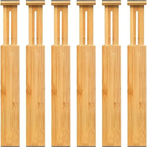 VaeFae 6-Pack Bamboo Drawer Dividers – Adjustable 14"-19.1" (Fits 15"-18" Drawers ONLY), Spring-Loaded Expandable Organizer for Kitchen, Bedroom, Office & Bathroom, MUST MEASURE Before Purchase