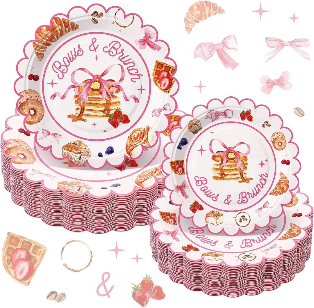Domensi 60 Pcs Bows and Brunch Baby Shower Decorations, Pink Bows and Brunch Girls Party Supplies Set for 24 Guests, 9" Dinner Plates & 7" Dessert Plates for Birthday, Bridal Shower