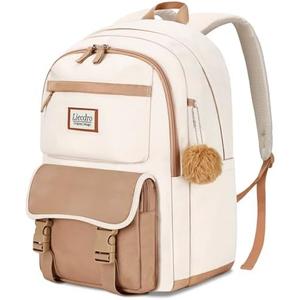 LIECDRO Cute backpack for girls teens,School bookbag for Girls Teens Women,17.3 inch laptop backpack for women, Bookbag for Middle School College Students,Water Resistant school bag,Beige
