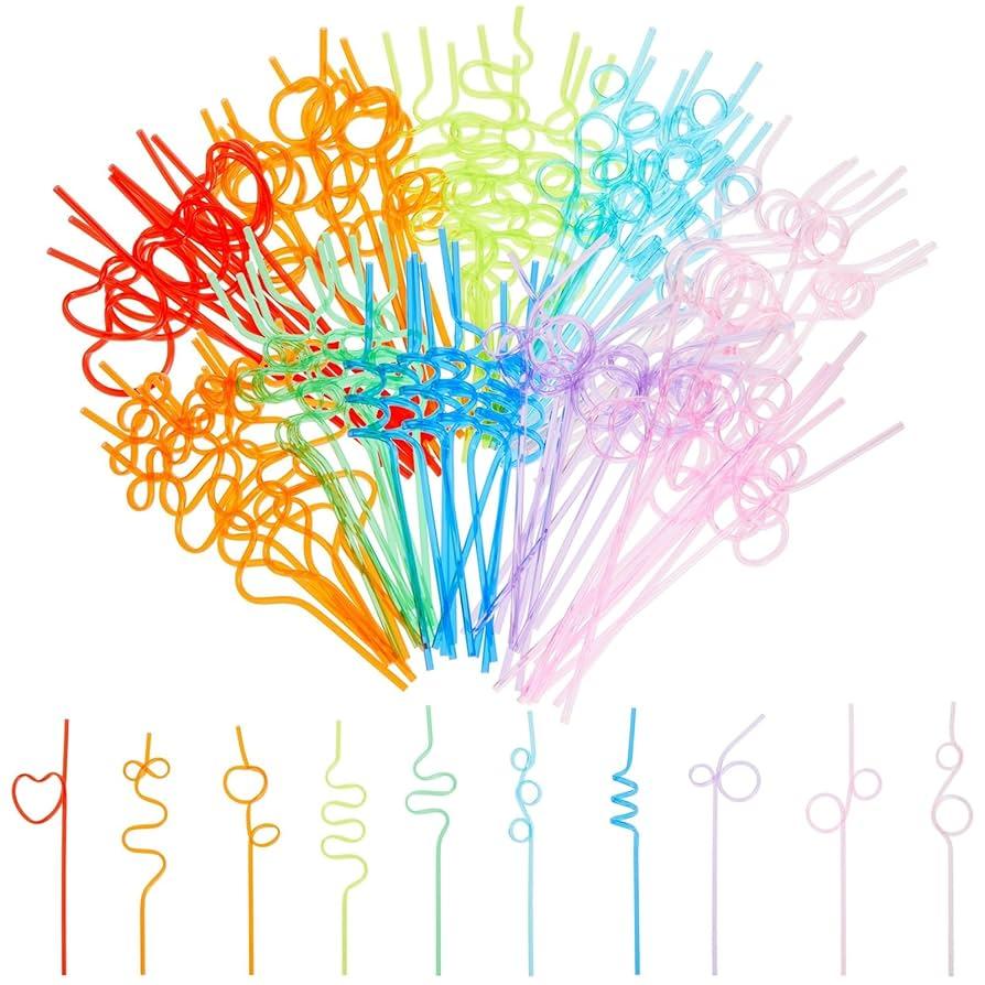 BLUE PANDA Loopy Crazy Plastic Straws for Kid's Birthday Party, Classroom Celebration