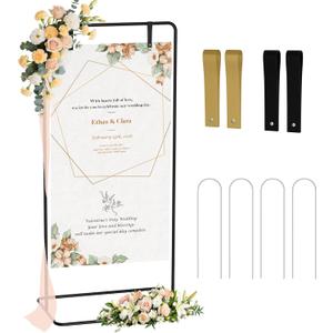 Babenest Welcome Sign Stand, Black Adjustable Metal Linen Sign Holder with 4 Ground Stakes & 2 Leather Straps, Wedding Banners & Posters for Baby Bridal Valentine Standing Display (Without signs)