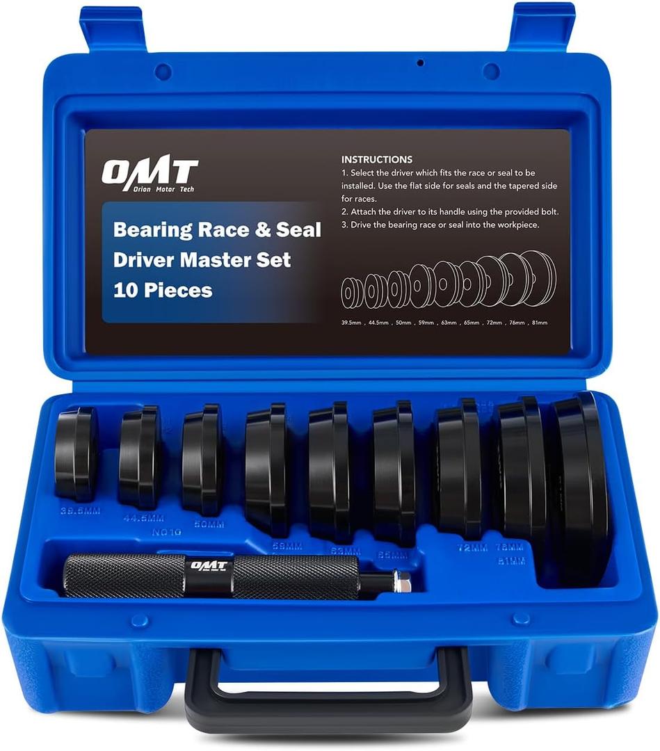Orion Motor Tech Bearing Press Kit, 10pc Bearing Race and Seal Driver Set with Seal Driver and 9 Bearing Adapters, Seal Installer Bearing Driver Kit for Bearing Installation, with Blue Case (39.5-81 mm)