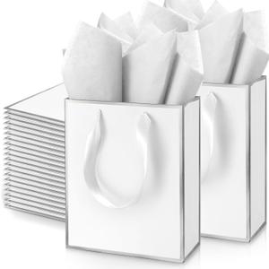 Yeaqee 50 Pack Metallic Gift Bags with Handle and Tissue Paper Gold Foil Thank You Bag for Graduation Wedding Groomsmen Bridal Baby Shower Gifts Holiday Party Favors 9x7x3.15'' (White Silver)