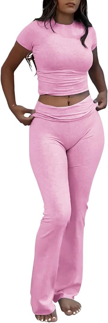 ZFLM Casual Workout Two Piece Outfits for Women Short Sleeve Crop High Waist Foldover Flare Pants Tracksuit Sets Streetwear (X-Small, Pink)