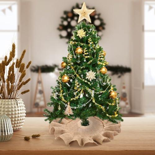 Tatuo 13.8 Inch Mini Tabletop Christmas Tree Skirt Decor Fit 13.7~27.5 Inch Smaller Xmas Tree Small Linen Burlap Trees Skirt for Desk Xmas New Year Party Holiday Family Winter Home Decor (Linen Color)