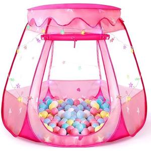 Pop Up Princess Tent with Colorful Star Lights for 1 2 3 Year Old Birthday Gift, 12-18 Months Baby Girl Toys, Foldable Ball Pit with Carrying Bag, Indoor&Outdoor Play Tent for Kids Pink