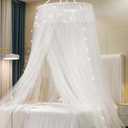 VETHIN Princess Bed Canopy for Girls Double Layer Sheer Mesh Dome Elegant Lace Mosquito Net Bed Curtain for Full Queen King Bed with led Stars String Lights(White/White)